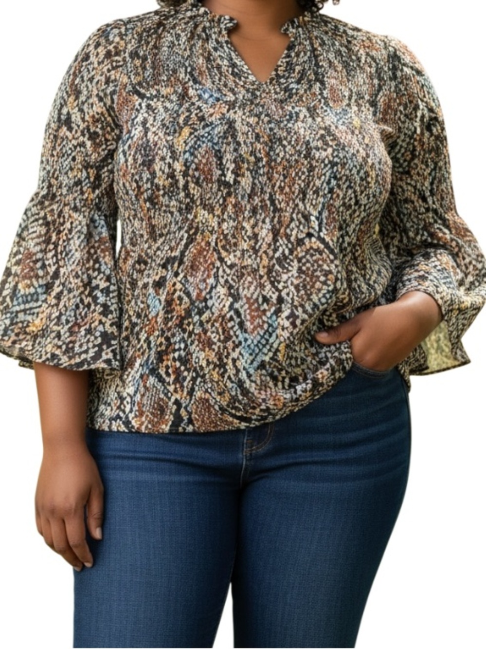 Spense Women 2X Boho Blouse Sheer Flowy Peasant Top Long Sleeve Plus
